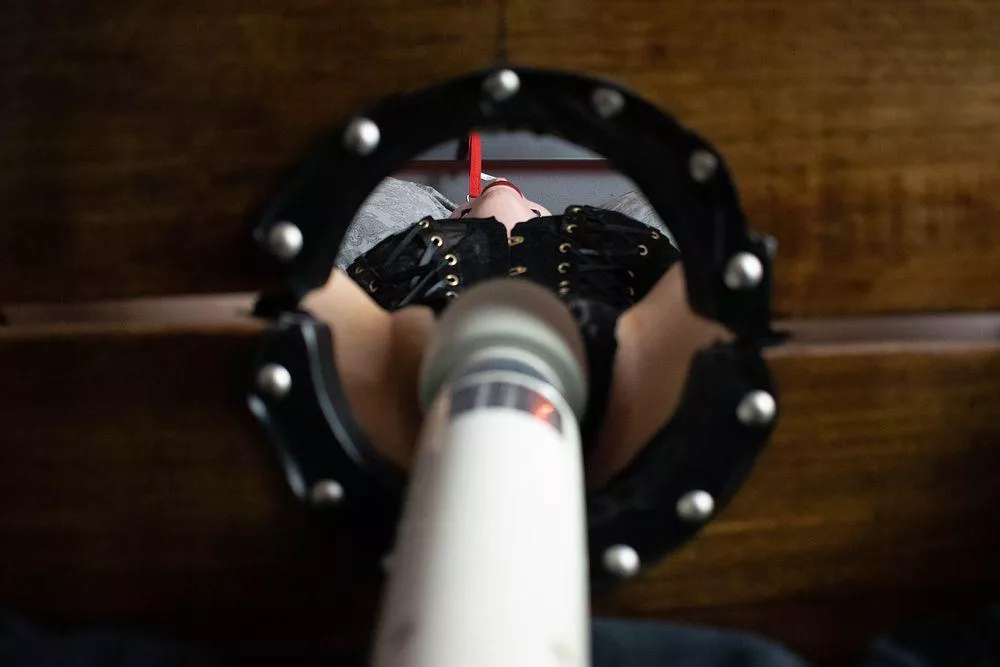 Sir had me bound, gagged, edged for what felt like forever in these stocks. Couldn't move at all :( But he did take a great photo... ;) [F] 