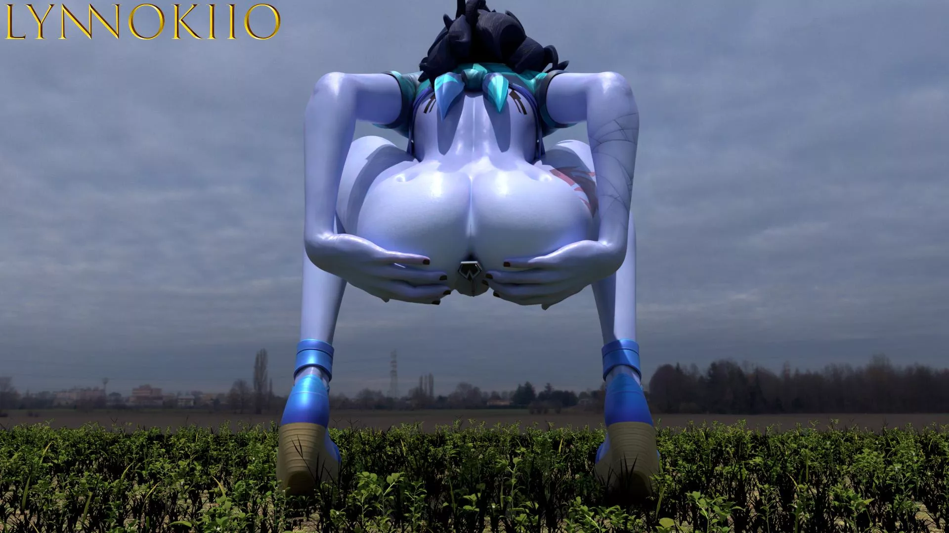 My first Blender Work, Widowmaker shows her buttplug outdoors