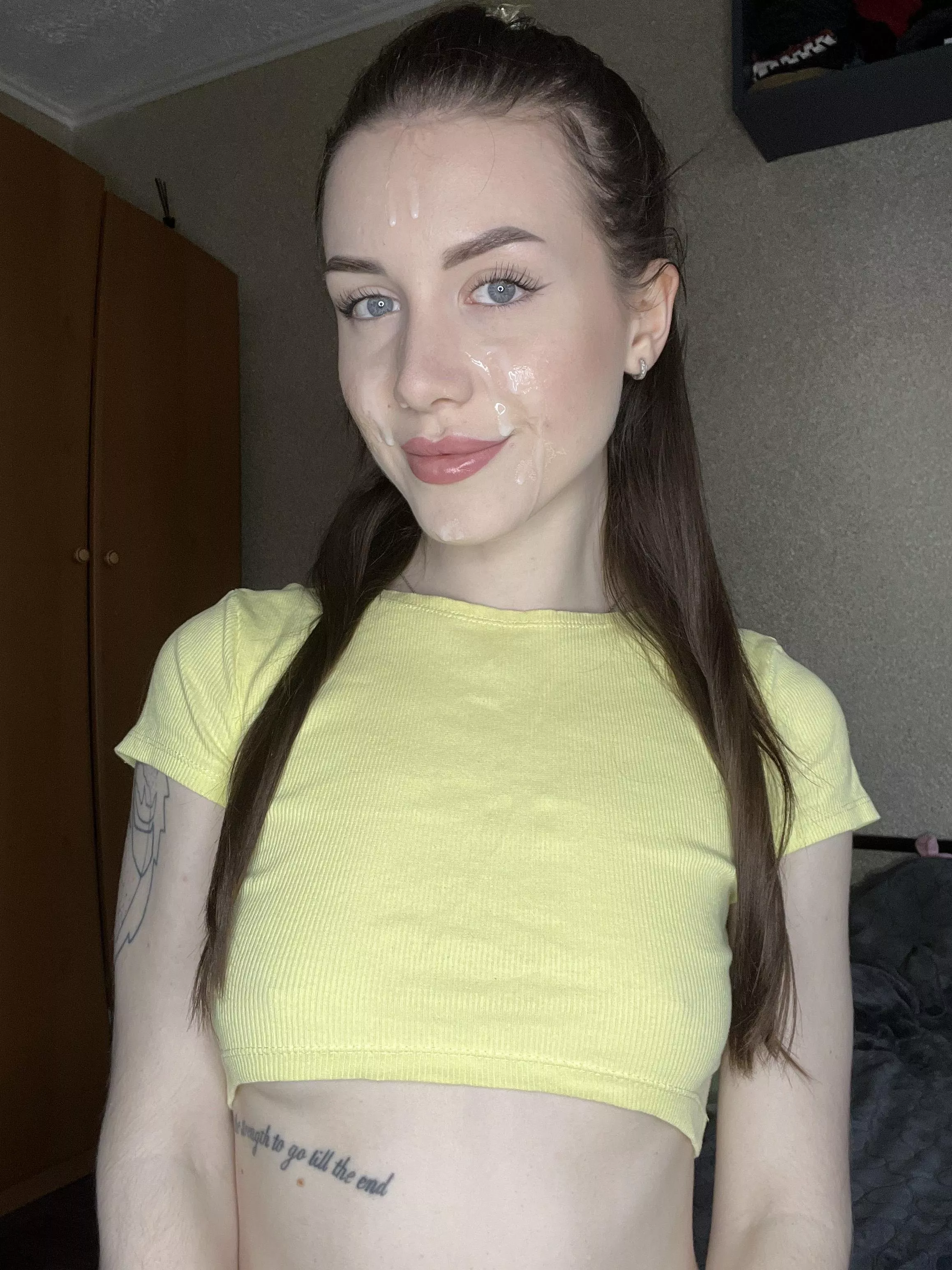 A girl with cum on her face can't help but be happy