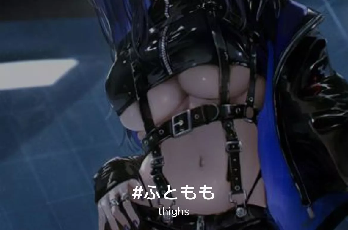 LF Color Source: 1girl, belts, leather jacket, underboob, navel, rings, head out of frame, leather clothing, black hair, navel, purple fingernails, harness