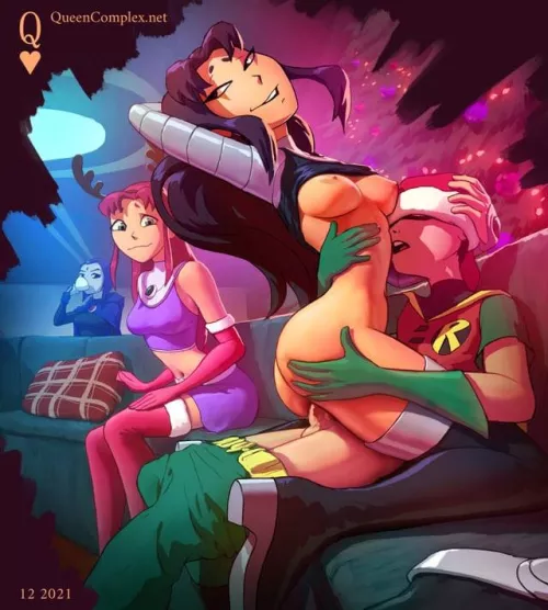Blackfire riding Robin while Starfire and Raven watch (Queencomplex)