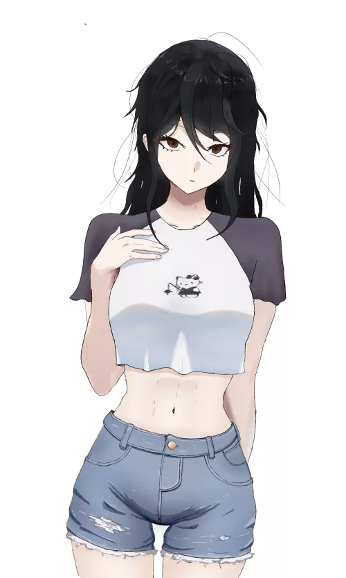 Black hair Brown eyes jeans shorts