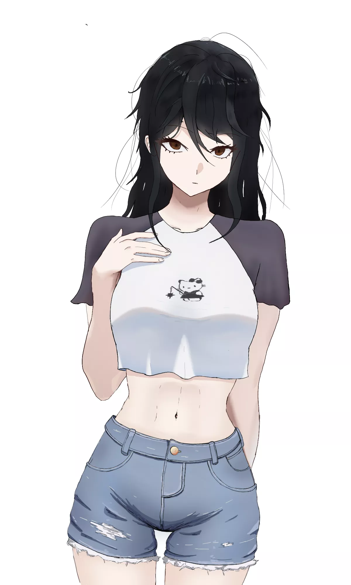 Black hair Brown eyes jeans shorts