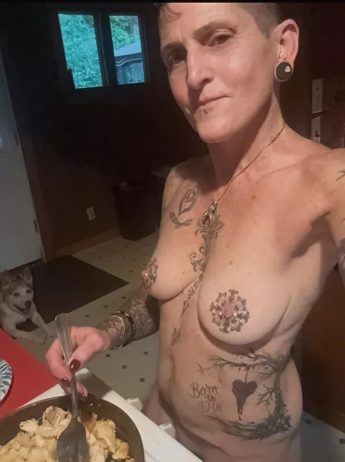 Getting dinner ready with my furry friend.