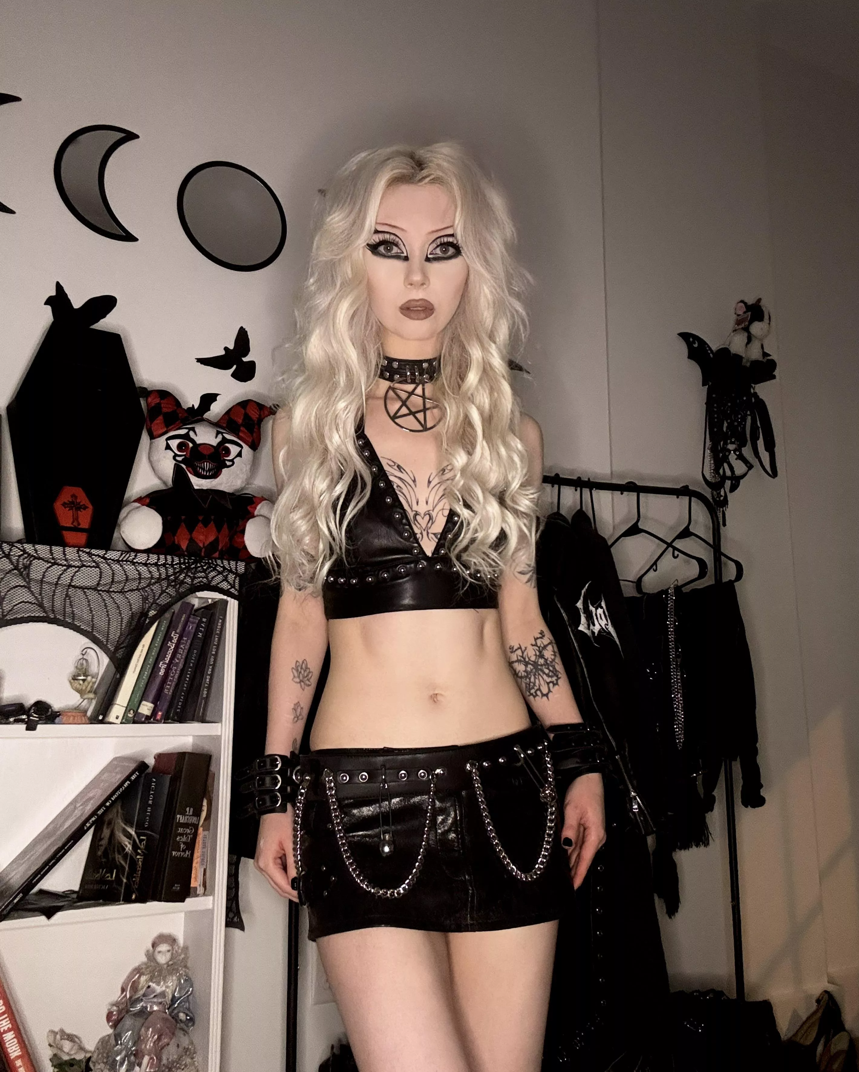 leather studded bra and mini skirt for tonight 🖤😈