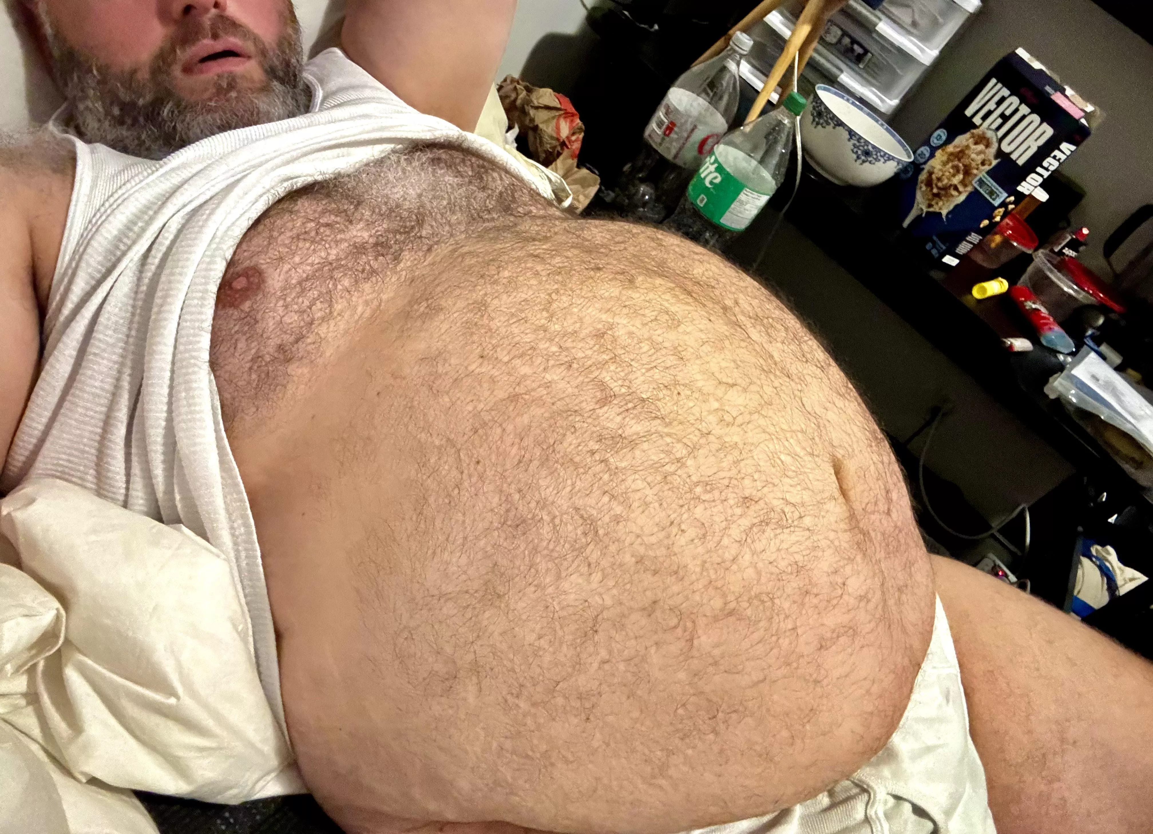 Briefs hidden under huge dad gut