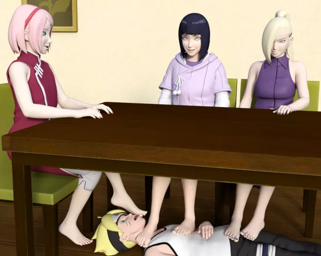 Hinata, Sakura and Ino rest their Feet on Boruto while they relax and chat at the kitchen table [Boruto] (SoleMann)