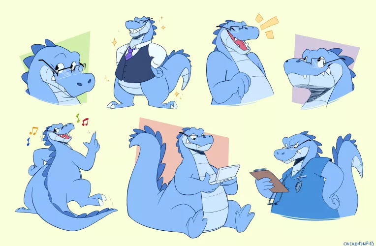 Blue gator fella doodle page!! (art by me, @chickensnpies1 on twitter)