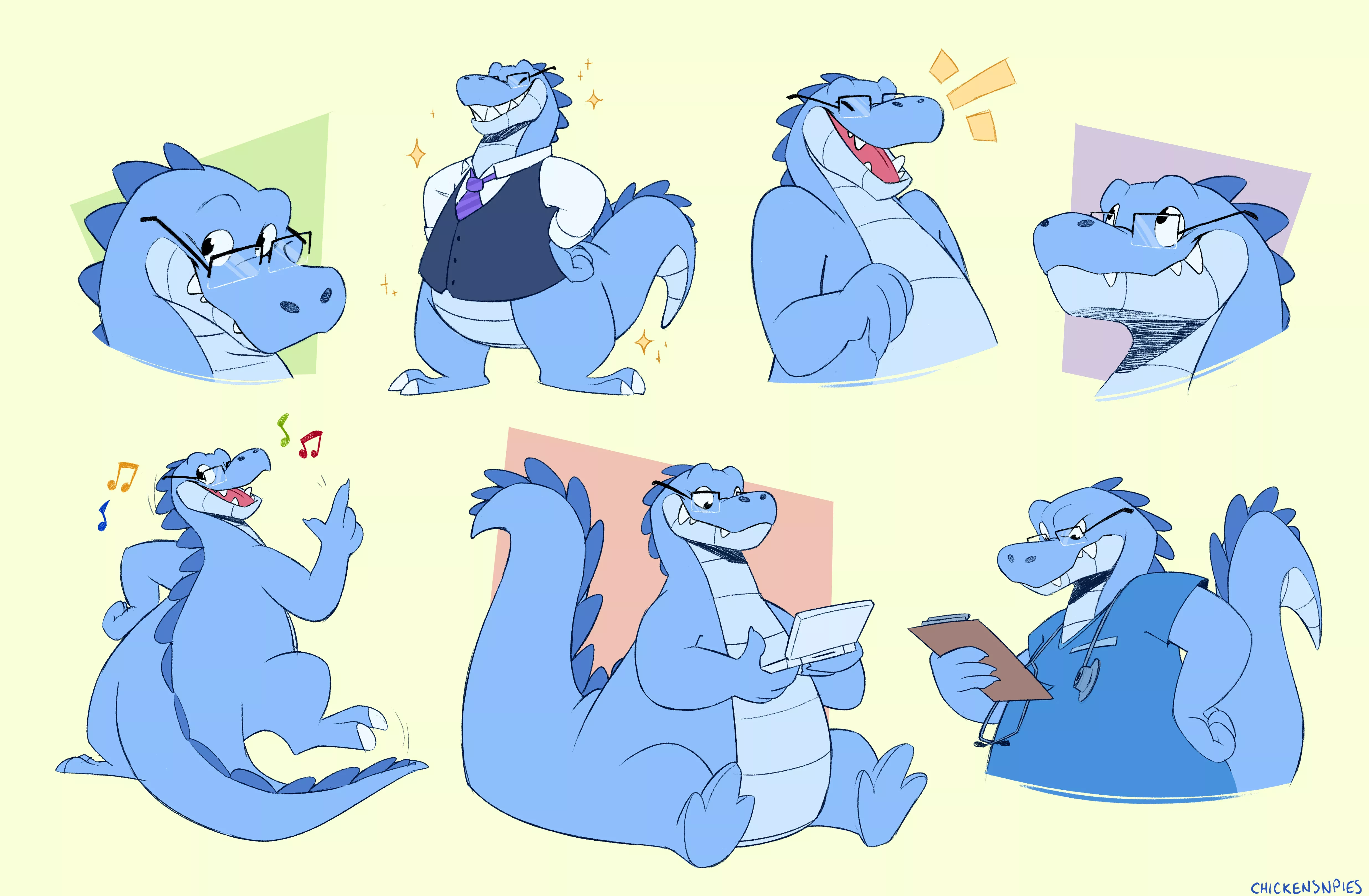 Blue gator fella doodle page!! (art by me, @chickensnpies1 on twitter)