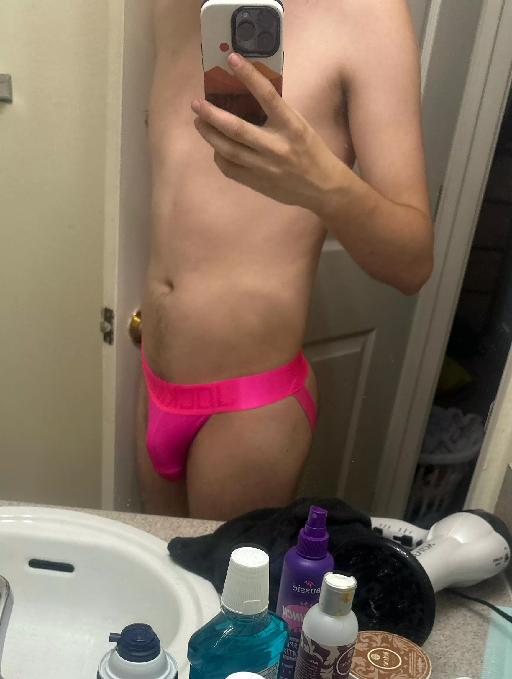 First jockstrap, I think I look good in pink 