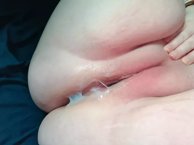 thick load in between my plump pussy lips. 