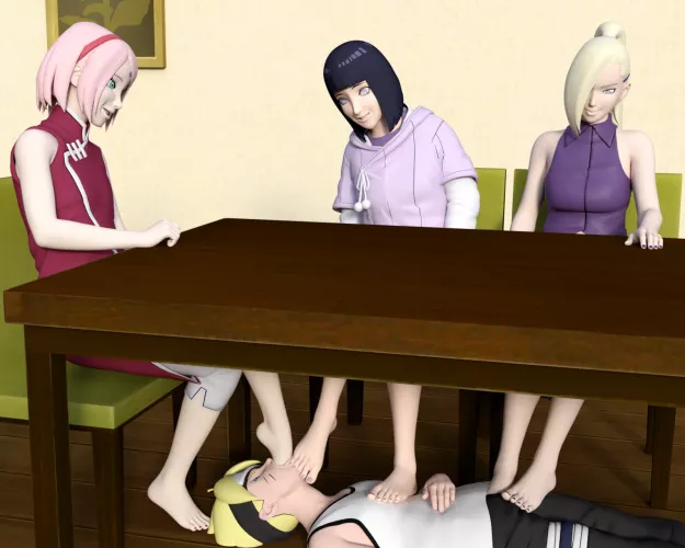 Hinata, Sakura and Ino rest their Feet on Boruto while they relax and chat at the kitchen table 2 [Boruto] (SoleMann)