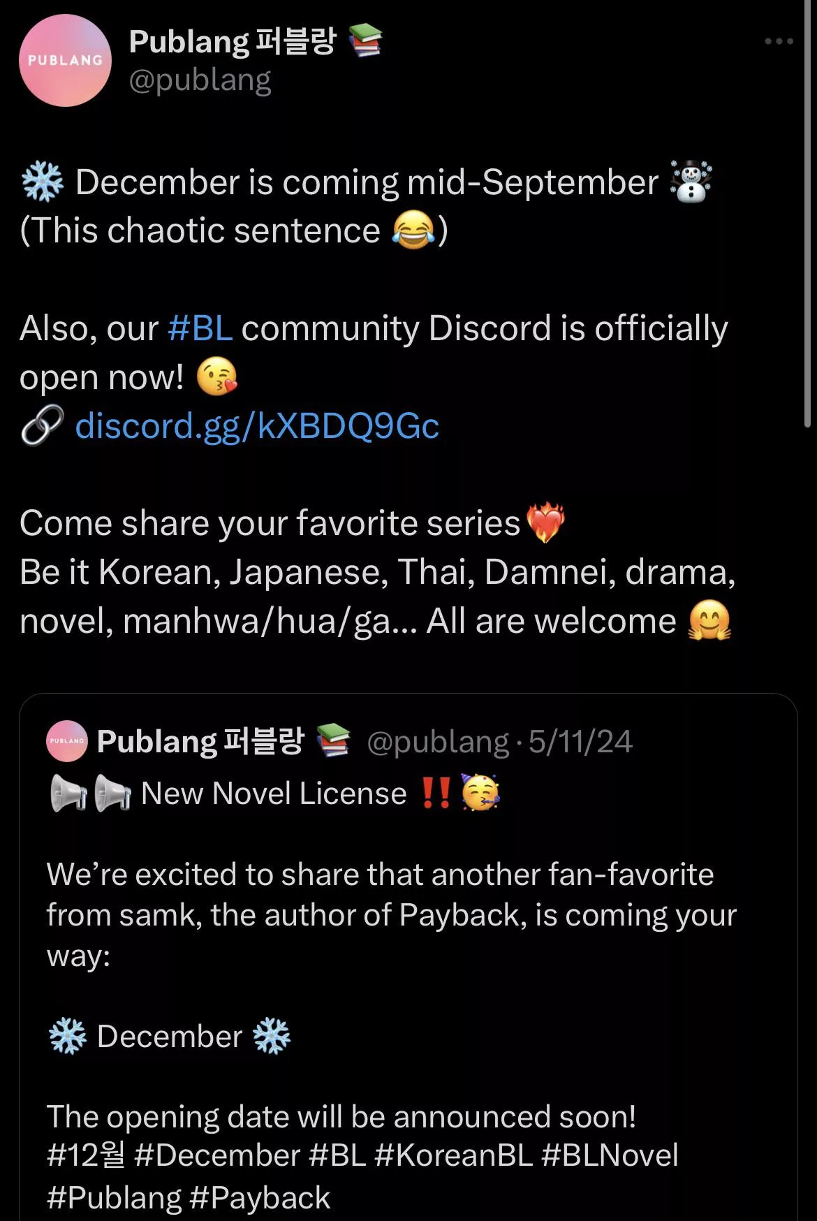 I’ve been trying to track any update down for this story and FINALLY found something😭😭 [December]