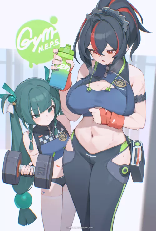 Qingyi and Zhu Yuan at the gym (bilibili xiaolu) [Zenless Zone Zero]
