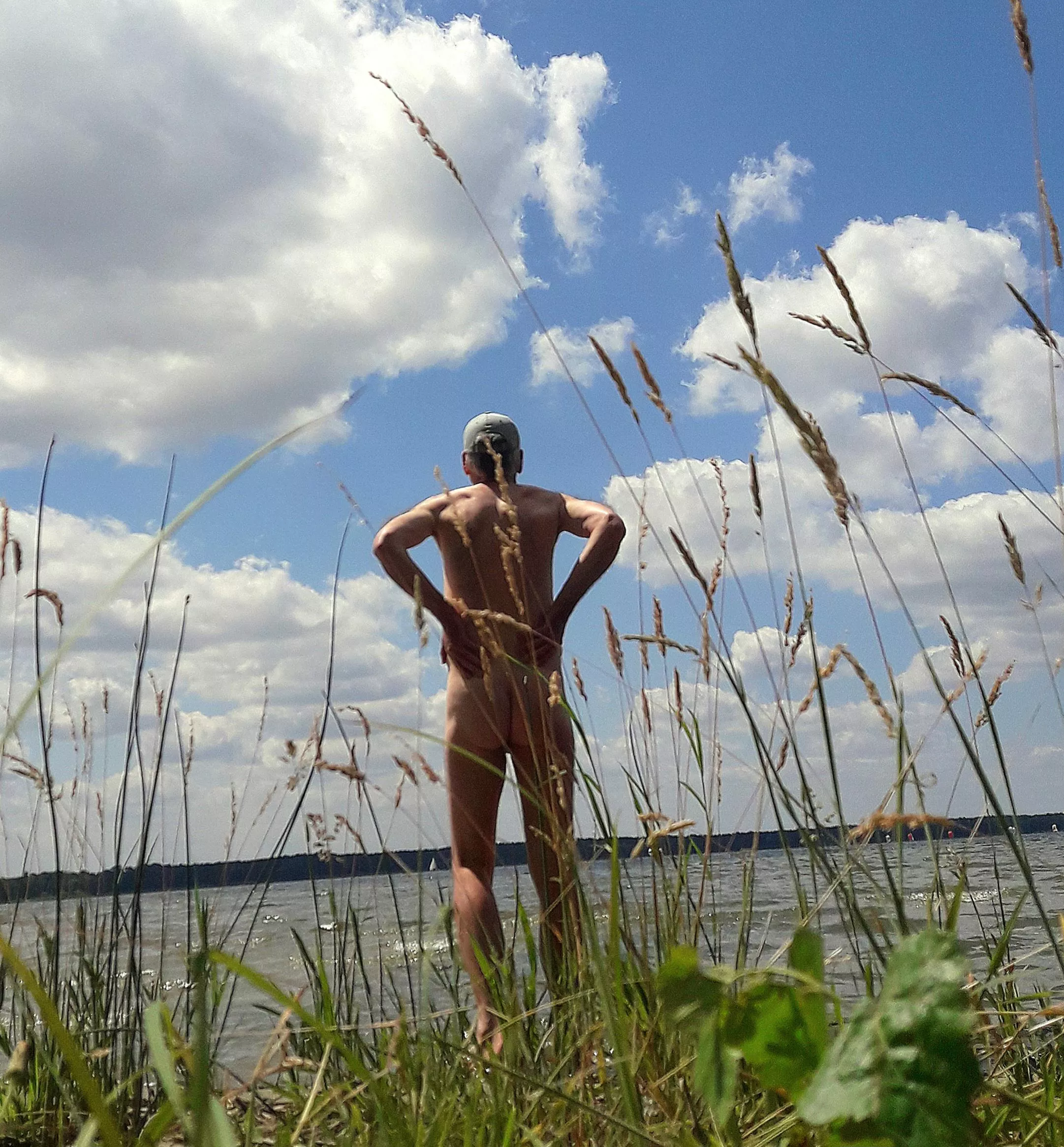 at the beach with clouds