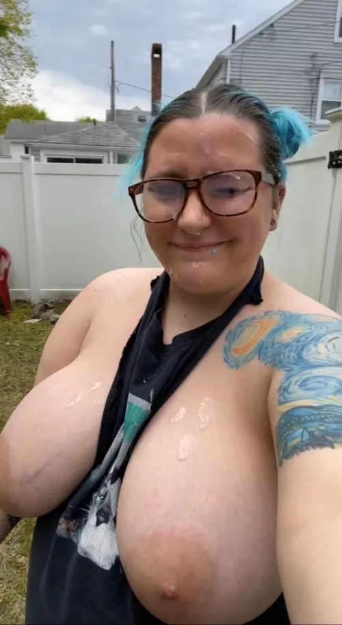 Cum covered in the back yard💦