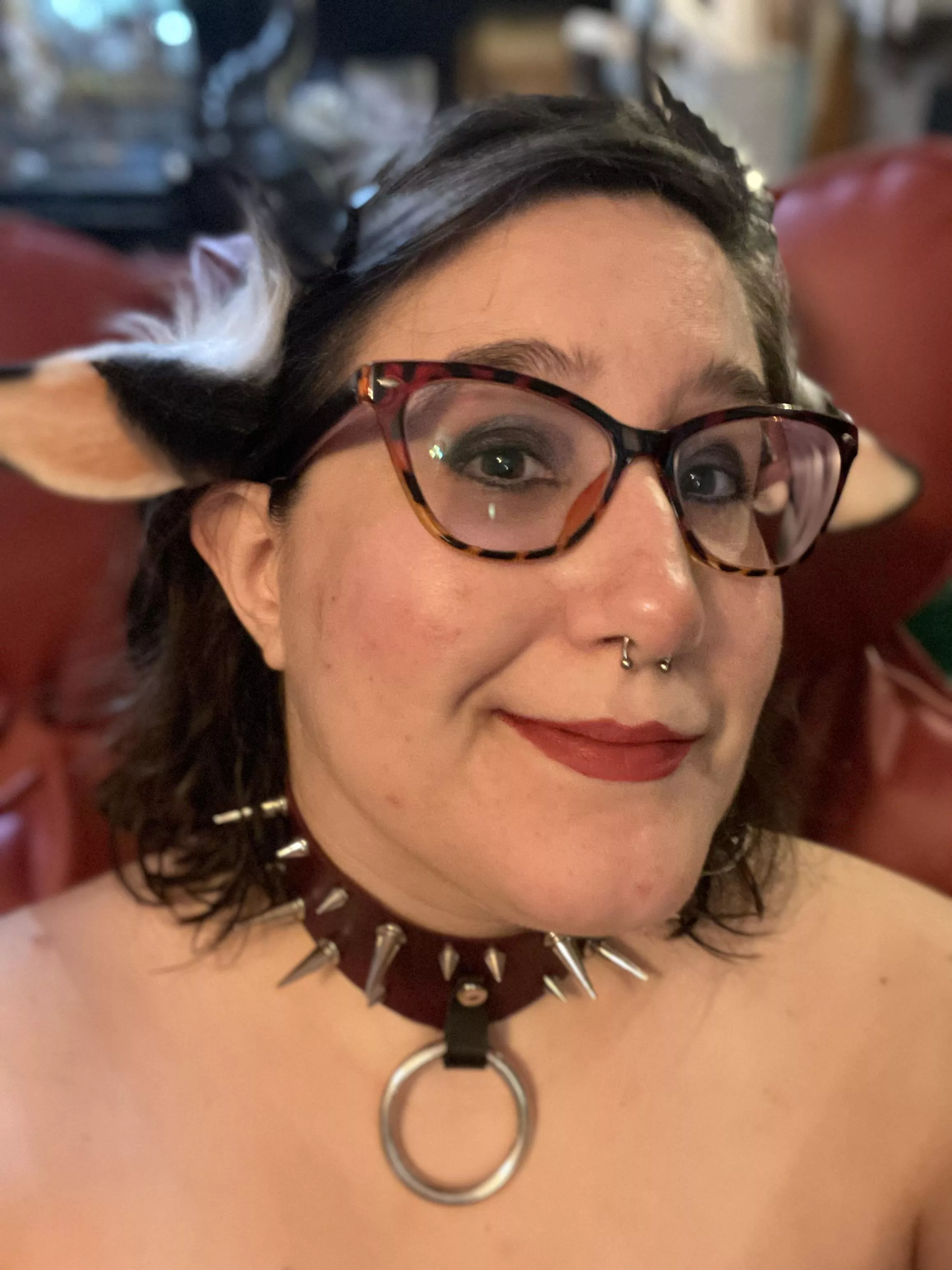 Kinky Cowslut gets her septum pierced as a permanent day collar