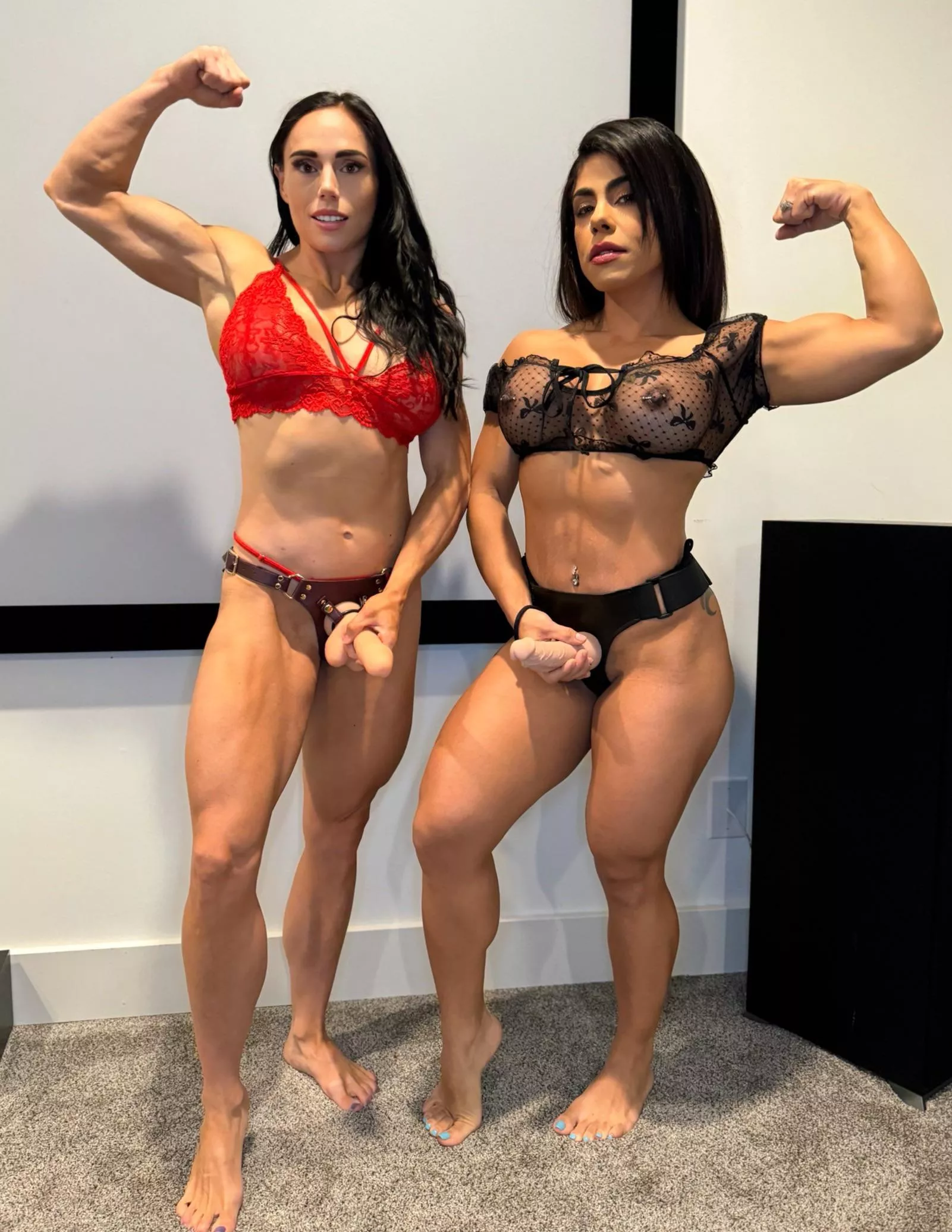 Ready to get spitroasted by two muscle mommies? 