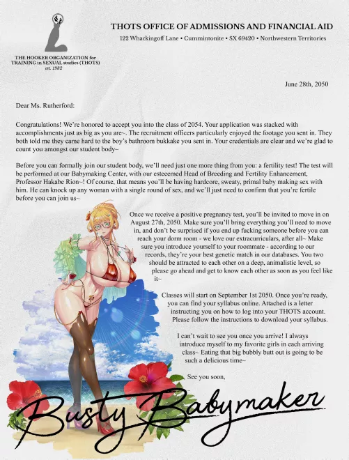 THOTS Acceptance Letter [Mentioned Impregnation] [THOTS/Breederverse] [Moving in to College]