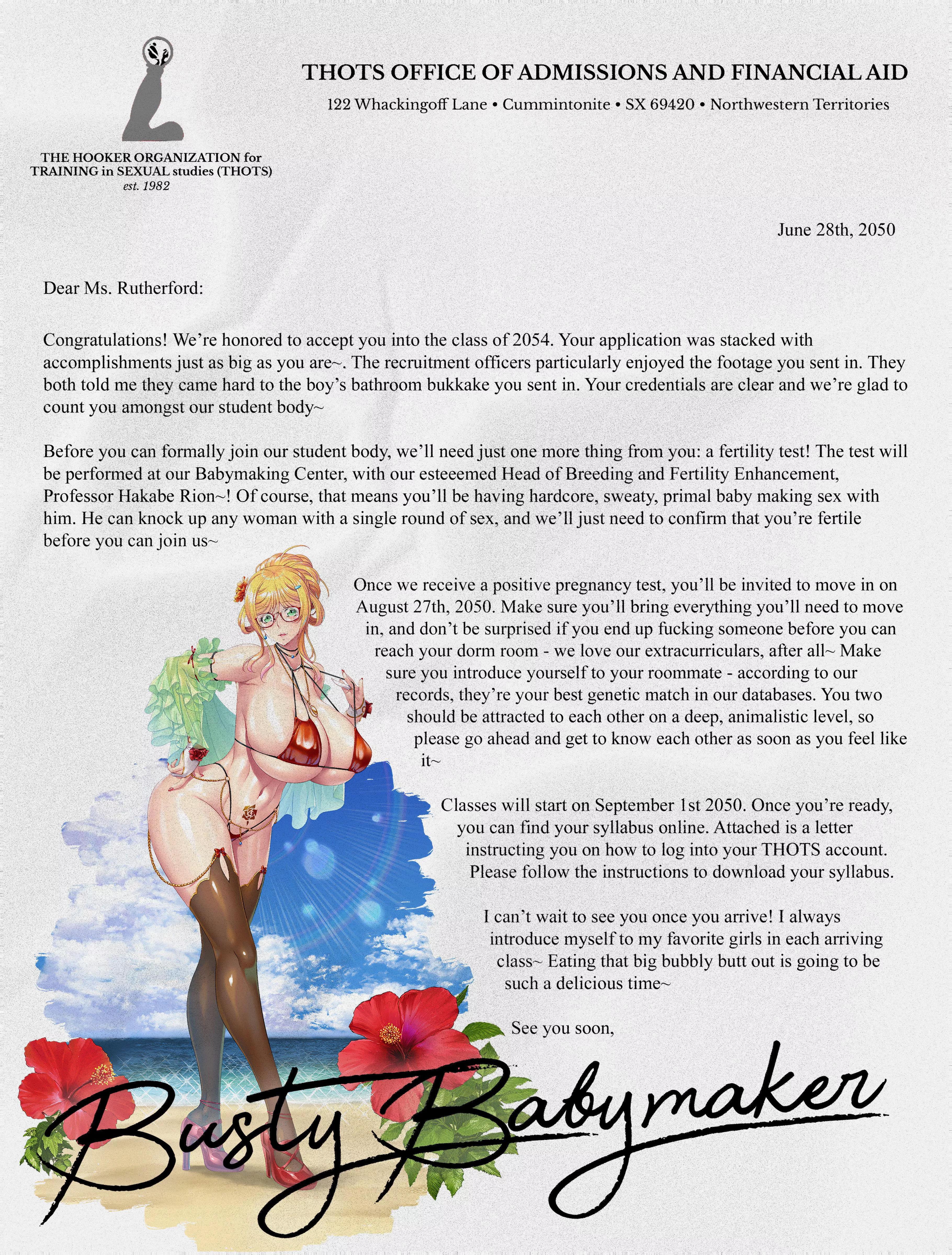THOTS Acceptance Letter [Mentioned Impregnation] [THOTS/Breederverse] [Moving in to College]