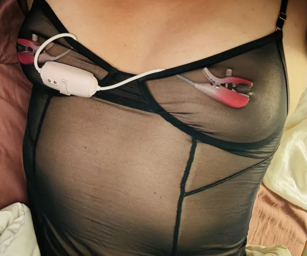 Vibe clamps attached to my pierced nipples