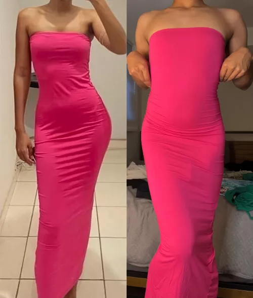 trying on my sisters dress, who wears it better? don’t mind my bulge 🤭🤍