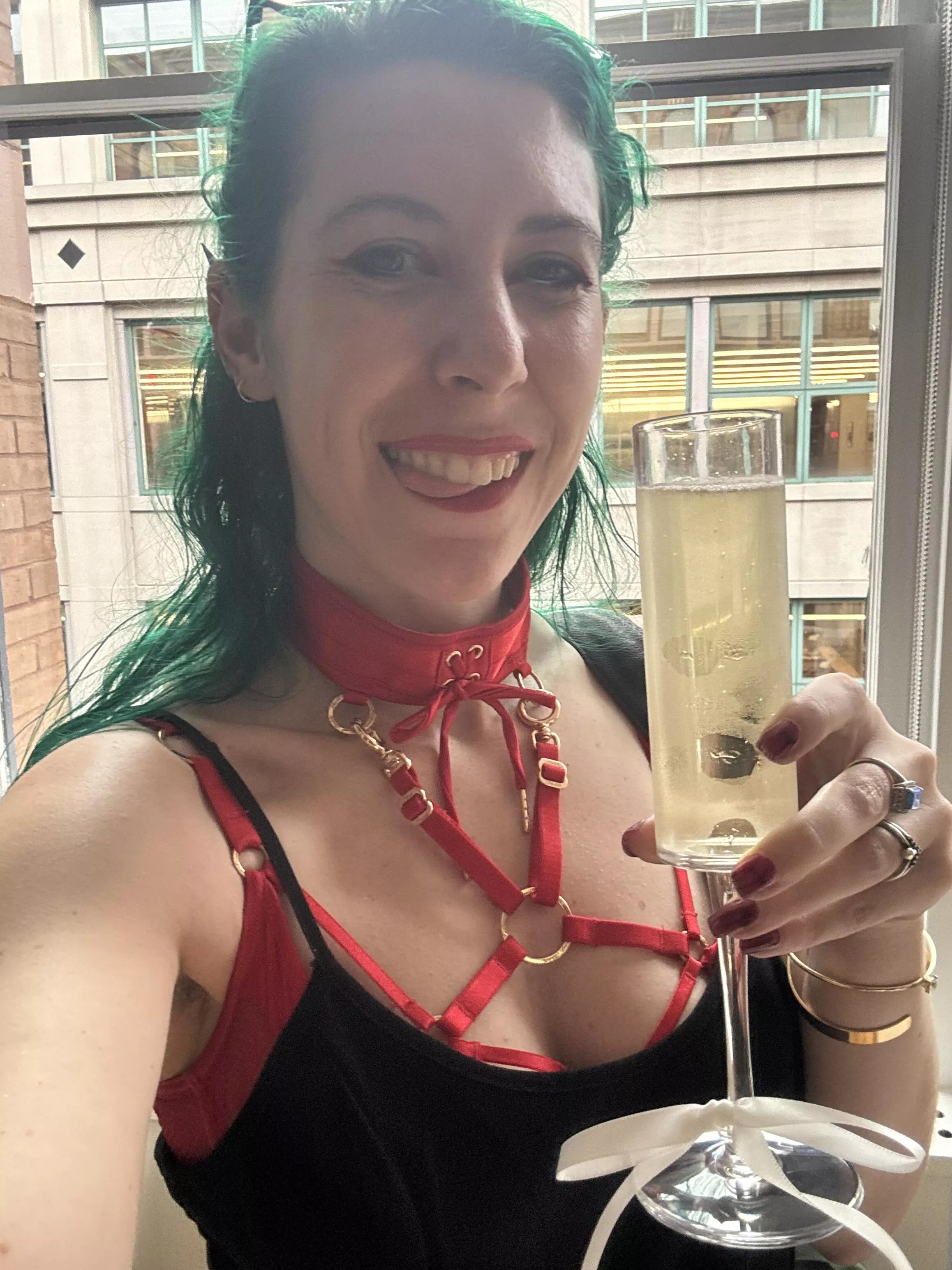 Champagne and red straps