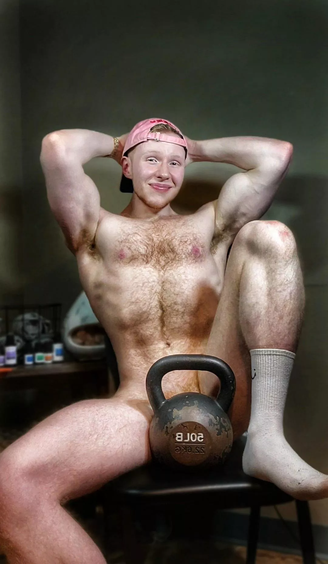 I'm your trainer and tell you to pick up the kettlebell so we can start your workout . I wanna watch you squat on my 3rd leg!