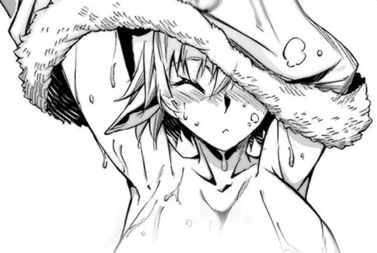 LF Mono Source: elf, removing shirt, 1girl, sweat, cleavage