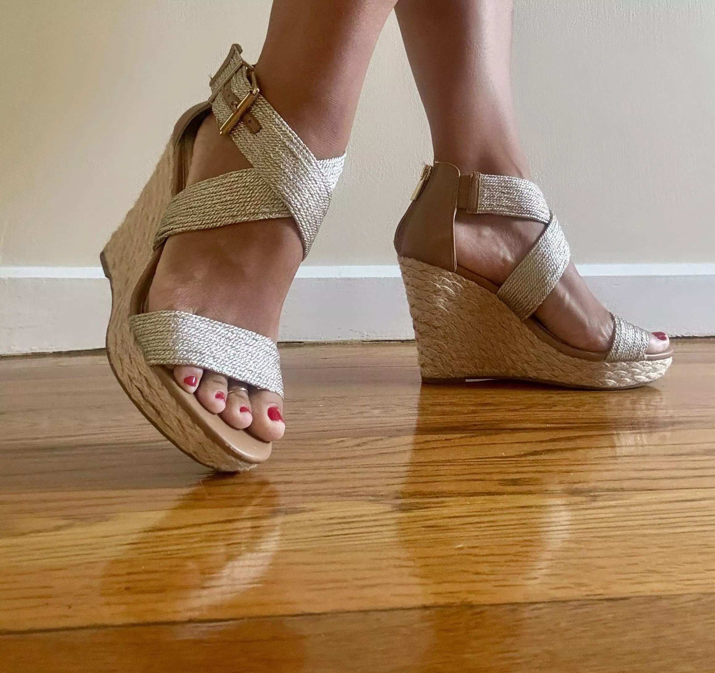 Muted gold, rear zip espadrille wedges 
