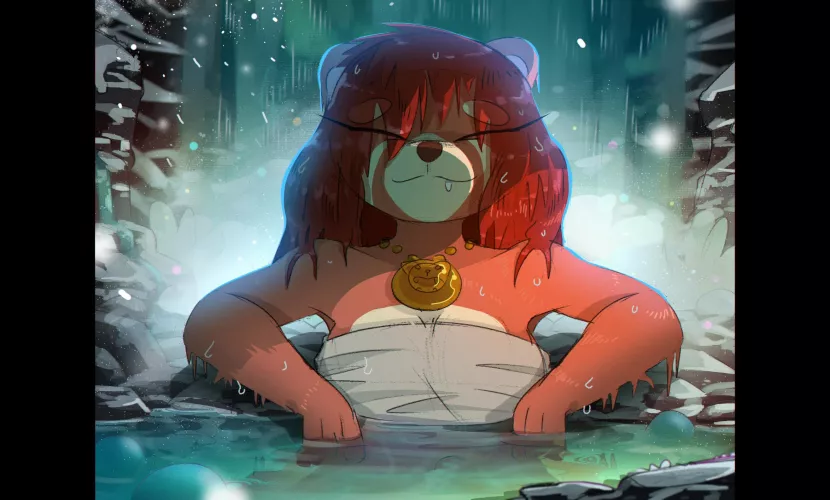 I recently redesigned my oc for a personal project - thought you folks might like her. Here shes vibing in a hotspring after a long hike.