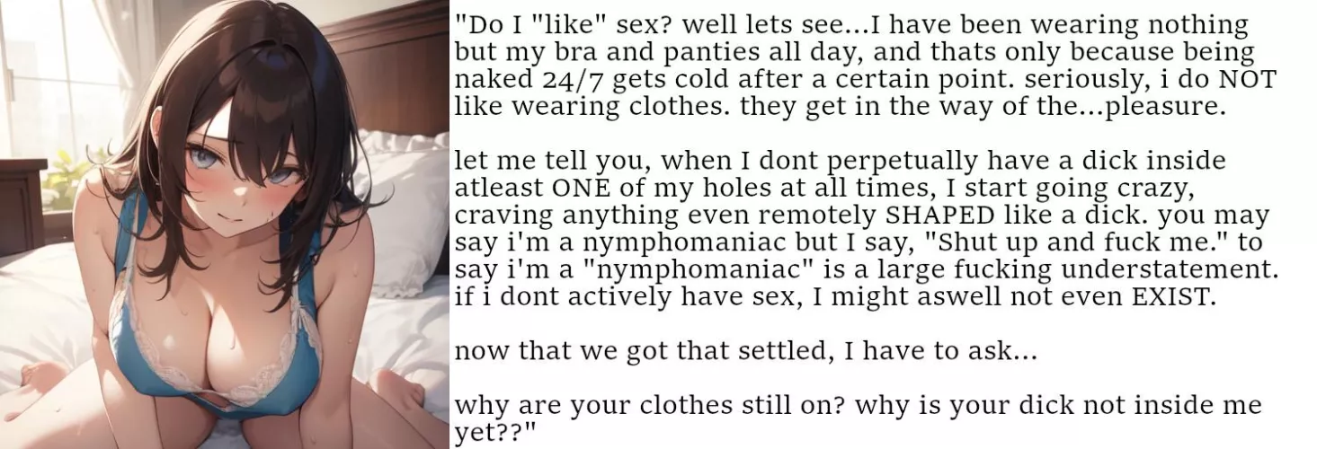 In the bedroom of the Nymphomaniac [Addiction] [Femdom] [Implied Sex] [Big Breasts] [AI Image: PixAI]