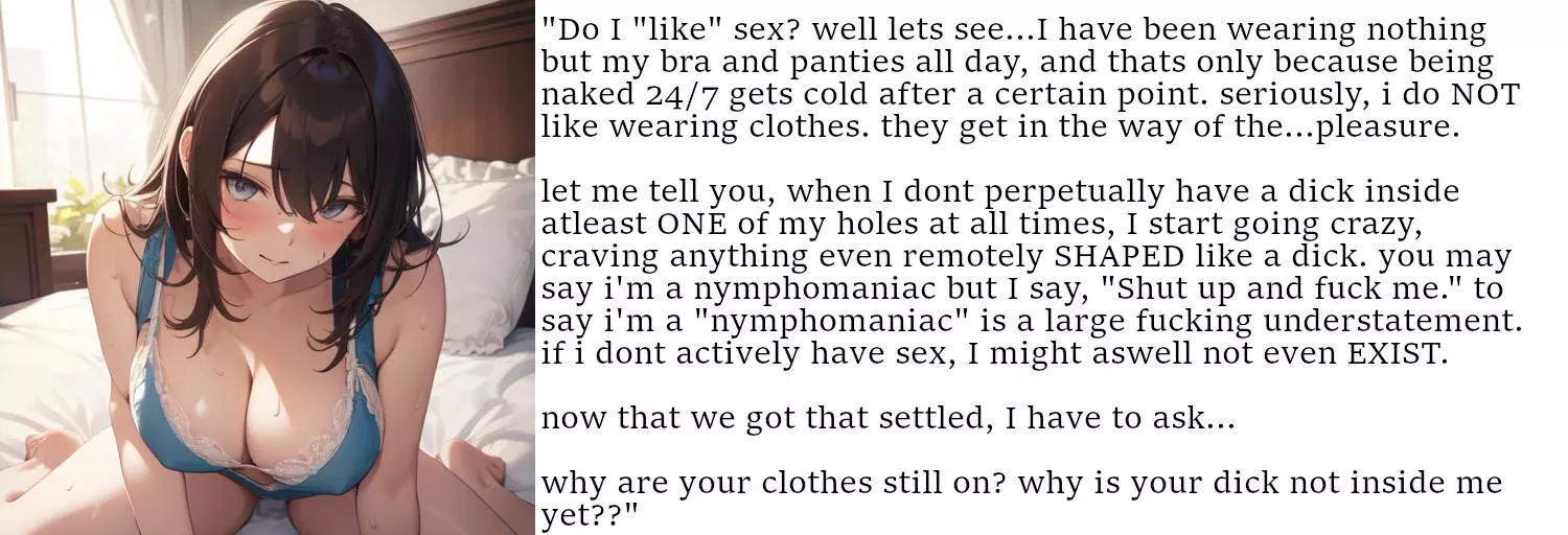 In the bedroom of the Nymphomaniac [Addiction] [Femdom] [Implied Sex] [Big Breasts] [AI Image: PixAI]