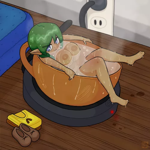 A tiny elf taking a hot bath in a teacup (Owlyn)