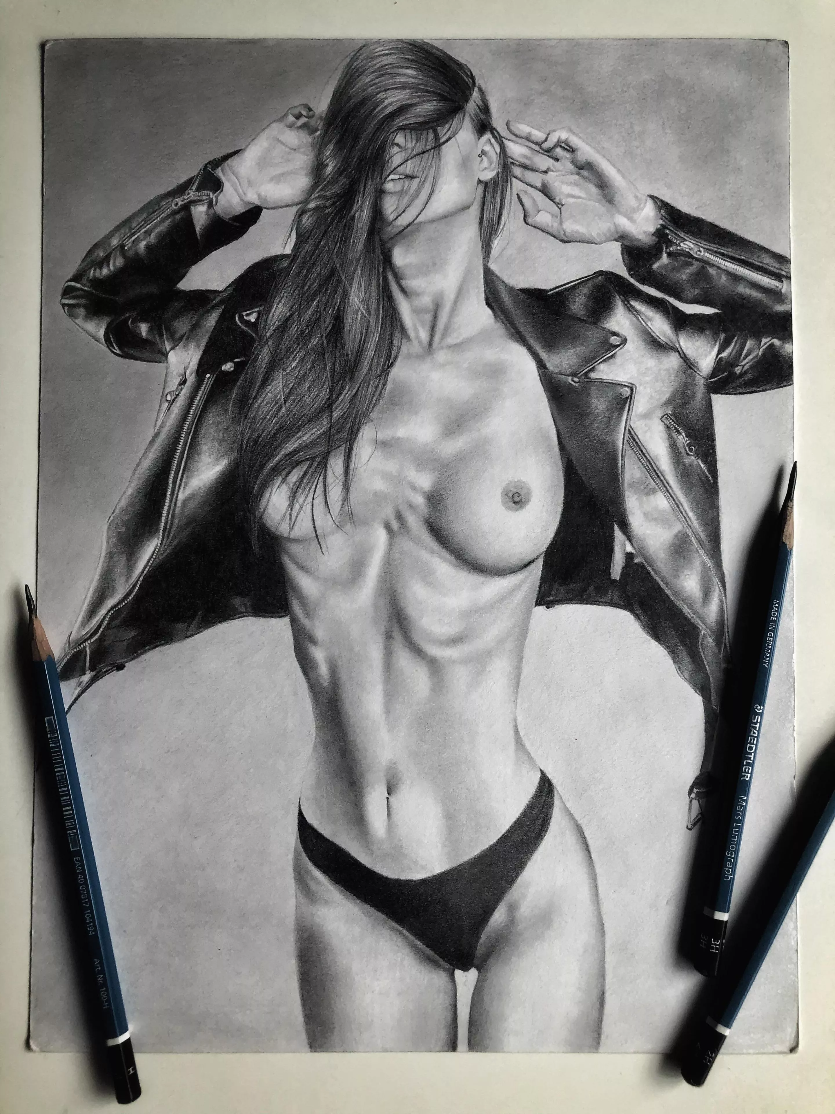 Ana in leather, graphite drawing by me