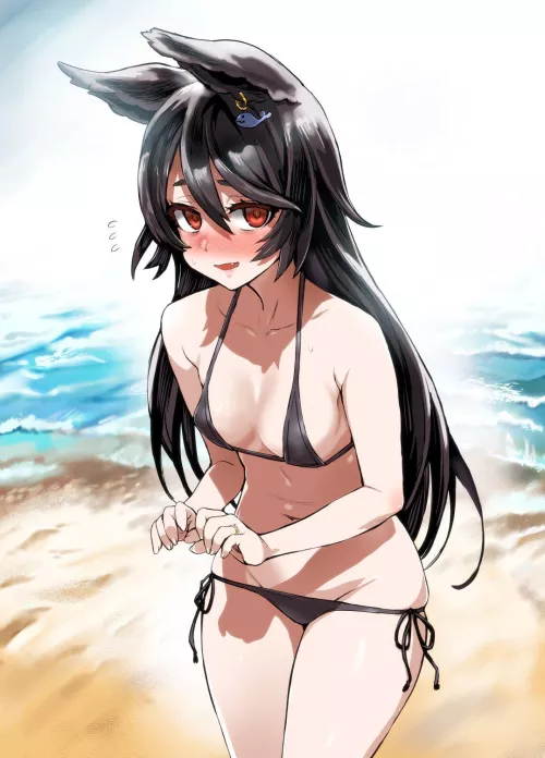 You're blushing so much! I'm happy you put on the swimsuit I picked out for you, look how many stares you're getting from people!