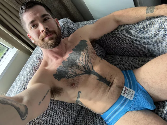Feeling cute in my bright blue jockstrap
