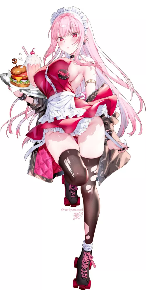 Mori with hamburger and smoothie (kamiyamaneki) [Hololive]