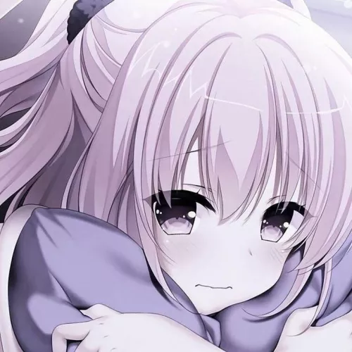 LF Color Source: Purple eyes, pink hair, blush, pony tail, pillow, long hair, hugging object