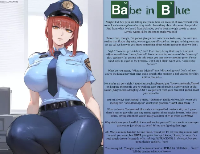 THE CLASSIC CAPTION SERIES: Babe in Blue- POLL IN COMMENTS [F4M] [Femdom] [Policewoman] [Drugs-Mentioned] [Titnosis] [Big Boobs] [Breast Play] [Seductive] [Smug] [No Sex] [Art: AI Generated]