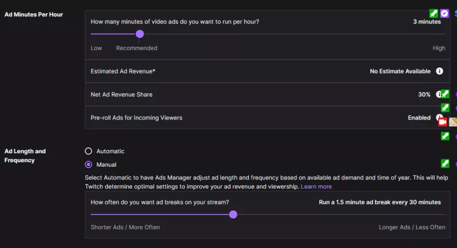 Have it set to 3 minutes per hour, still getting 30% revenue and prerolls???