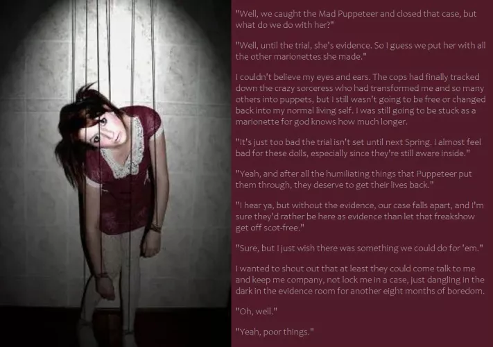 New caption! Closed the Case. Now What Do We Do With the Evidence? #magicaltransformation #puppet #dollification #puppettf #stuck #caption #marionnette #marionnettetf #inanimatetransformation #dolltf https://amberhuntwrites.blogspot.com/2024/09/closed-ca