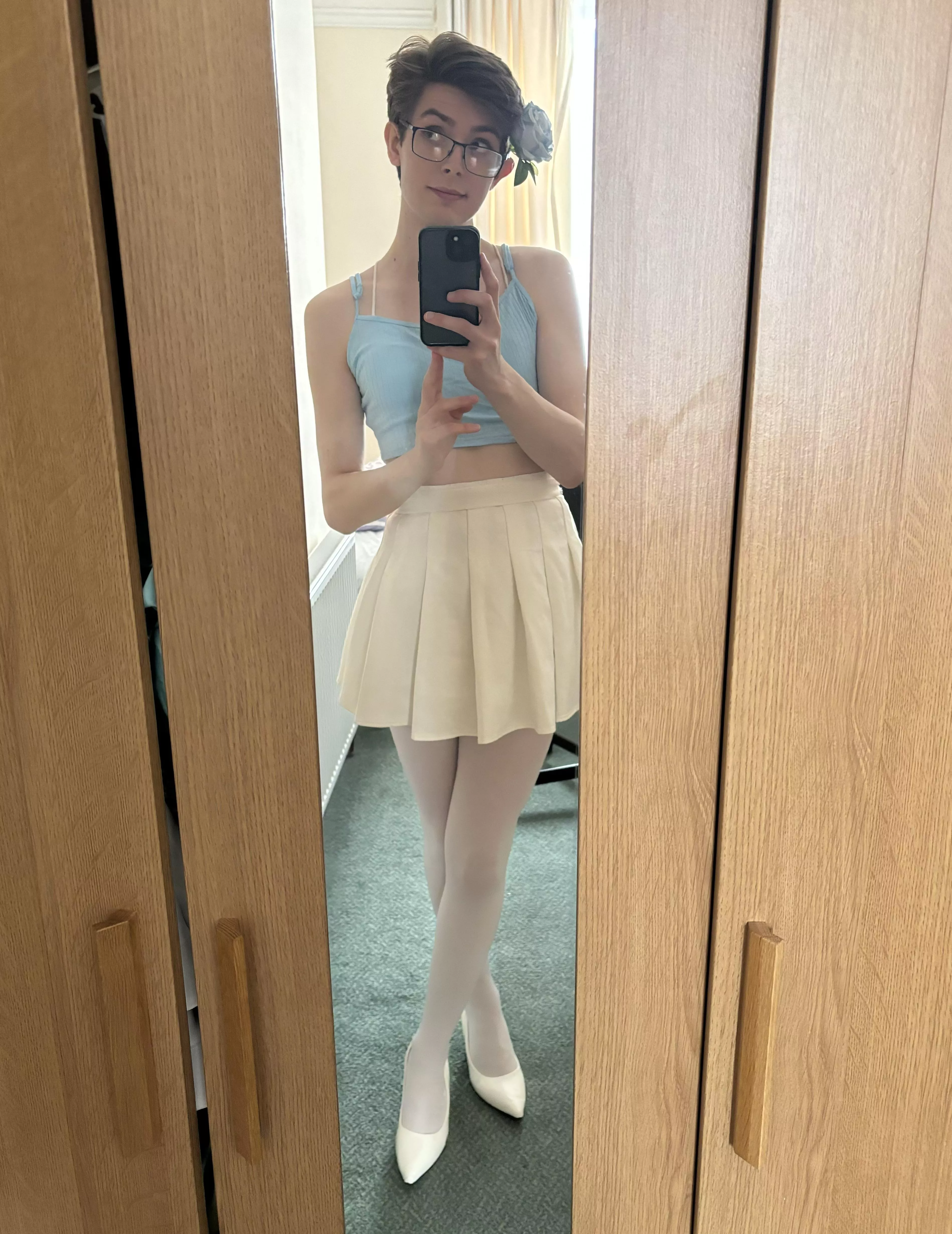 White and light blue outfit :3