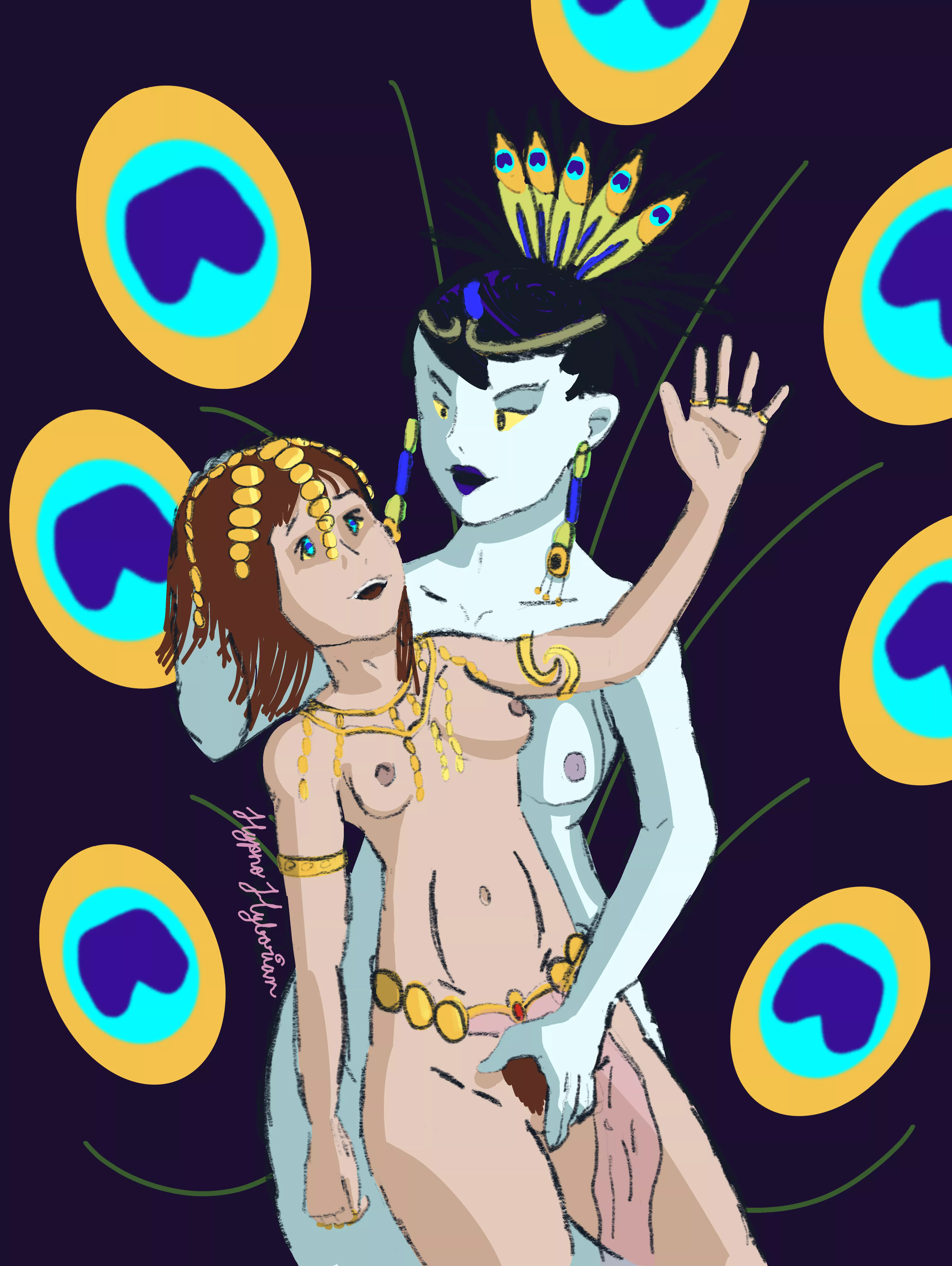 A Peacock Sorceress Enthralls a Hyborian Princess [OC] [Artist: HypnoHyborian]