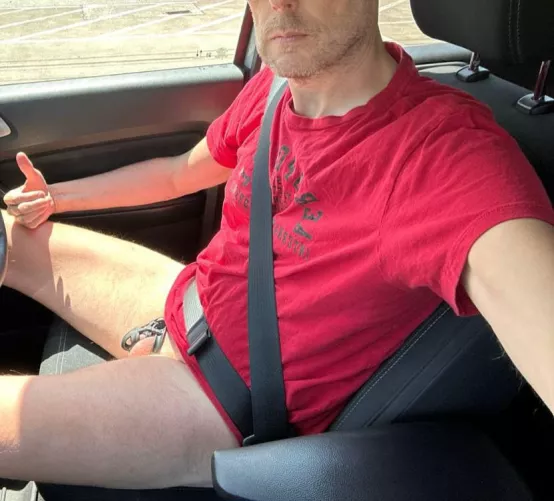 Cock caged sub driving back home from work. Any volunteers to car pool?