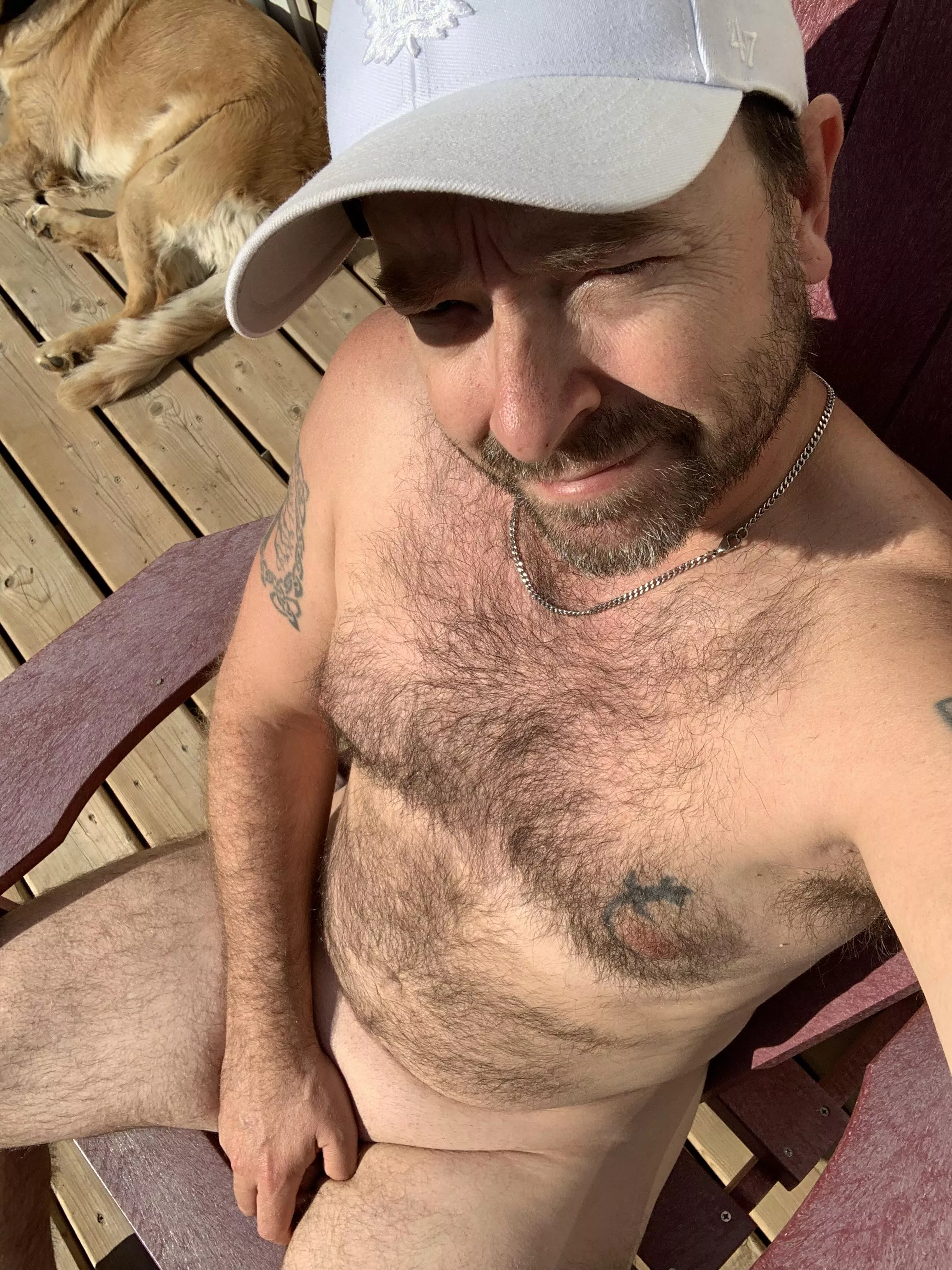 47 dad enjoying my coffee on the back deck