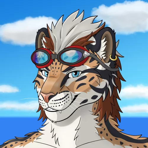 A drawing I finished for headshot practice - a clouded leopard with goggles!