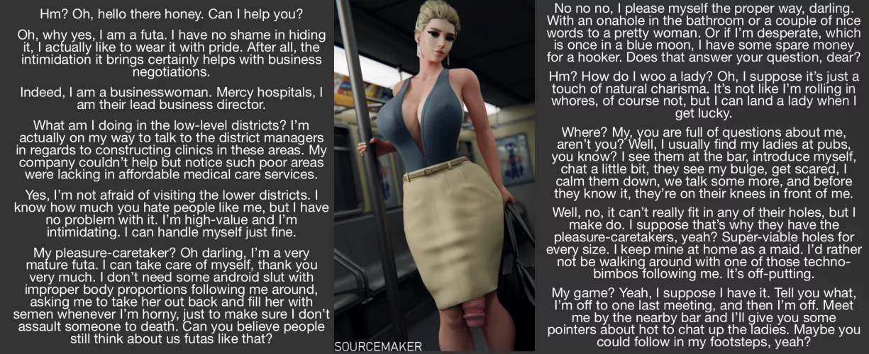 A simple encounter on the subway, nothing more. [gender neutral POV] [dystopian future world] [friendly] [in a world where futas are superior…] [potential strangers to friends?]