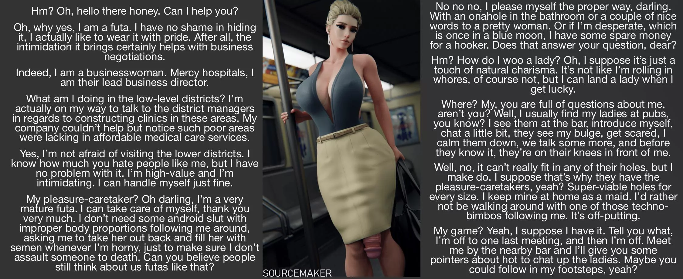 A simple encounter on the subway, nothing more. [gender neutral POV] [dystopian future world] [friendly] [in a world where futas are superior…] [potential strangers to friends?]