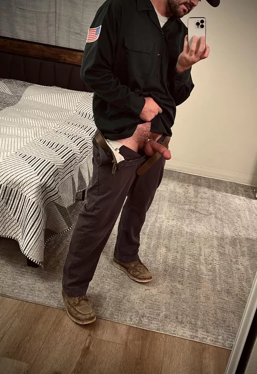 Work uniform. Freeballing and cock ring always makes for a good day 